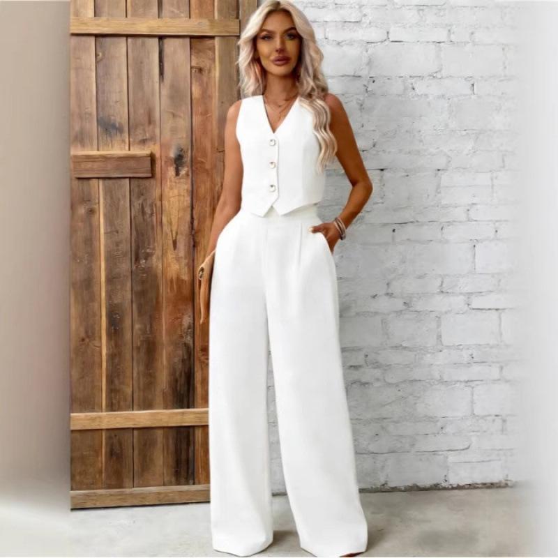 2026 Europe Plus Size Women s Solid Color Button Vest Two-Piece Set XXL