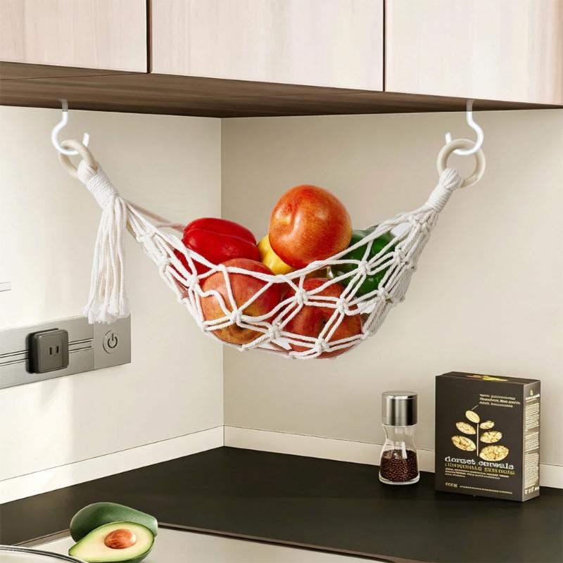 Wall Hanging Produce Holder, Cotton Rope Fruit Storage Net with Open Net Design for Kitchen Wall Use, Cupboard Placement and Home Storage