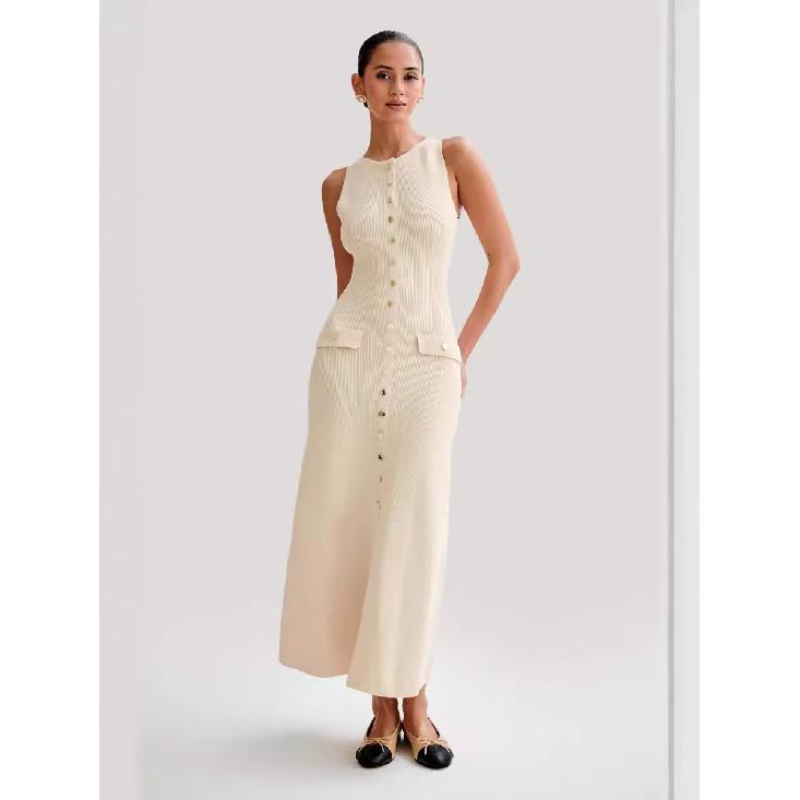 2025 European And American New Slim Fit Knitted Dress With Elegant Temperament, Sleeveless High-End Metal Buckle Dress, Long Skirt