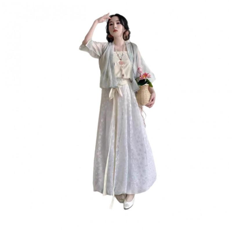 Womens Song Dynasty Style Hanfu Set: Short Top Camisole Bloomer Pants In Chiffon Daily Wear