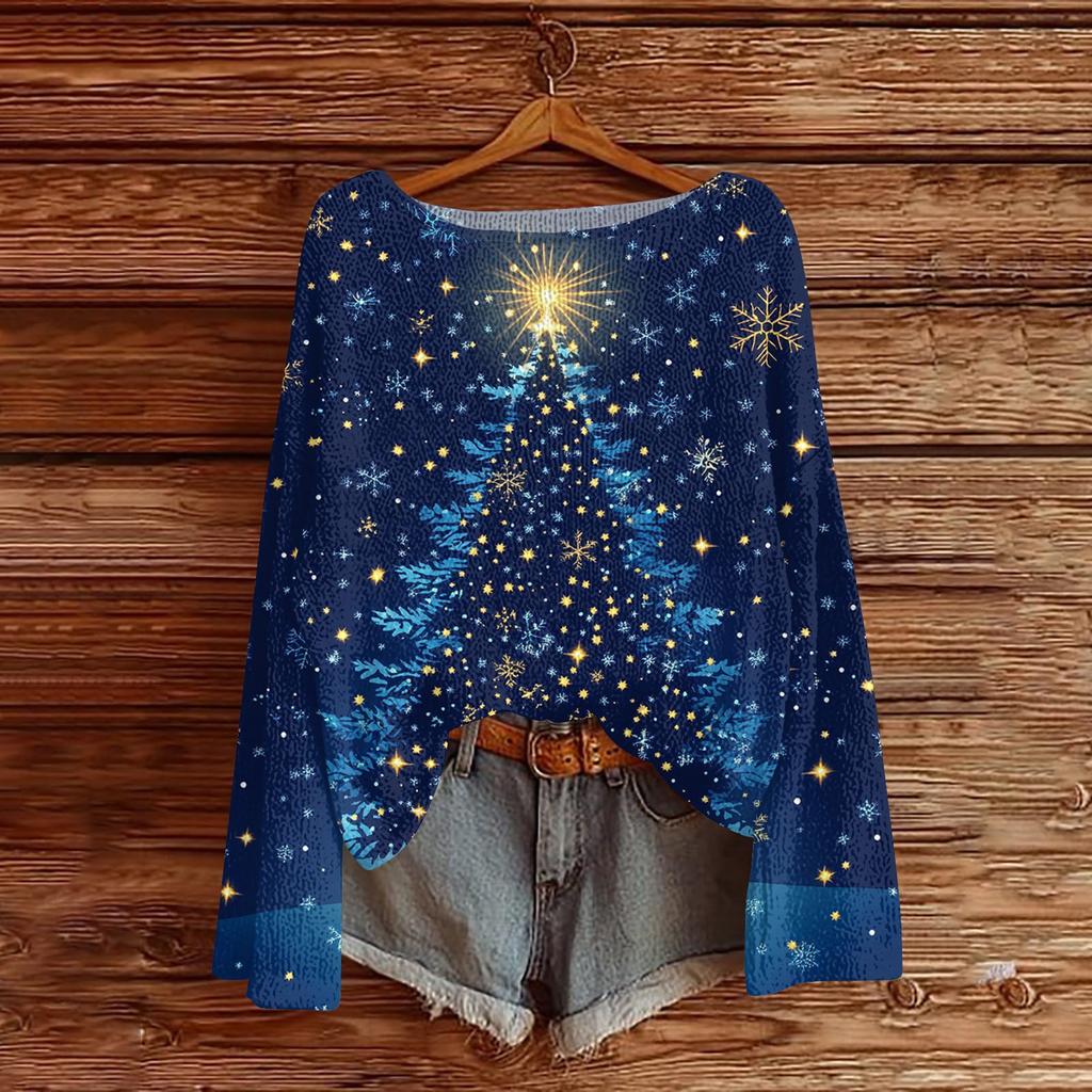 Women's Fashion Round Neck Long Sleeve Christmas Print Casual Pullover Sweater Top