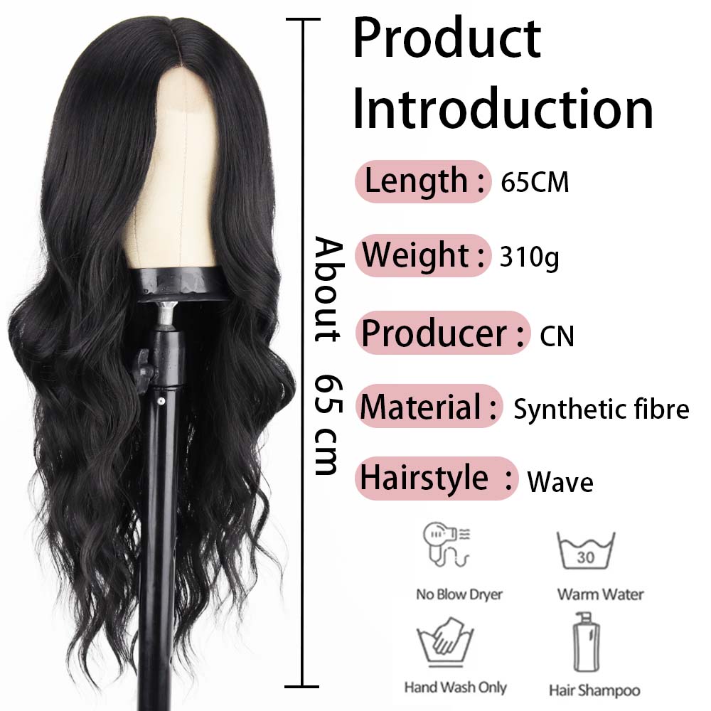 MISS WIG Long Black Wavy Wig for Women Middle Part Curly Wavy Wig Natural Looking Synthetic Heat Resistant Fiber Wig for Daily Party Use