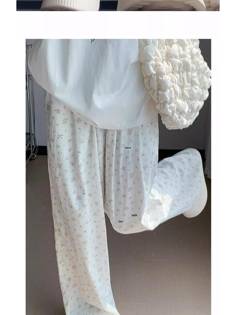 High Waist Floral Ice Silk Women's Summer Wide-Leg Pants, 145-150 Petite