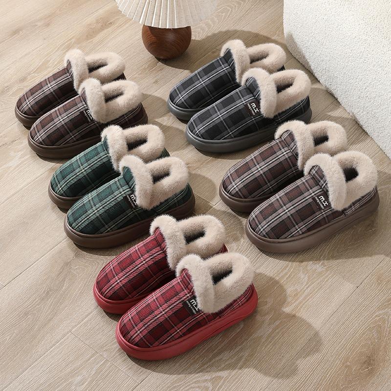 Mode Mode Paar Winter Zehenwickel Warm Plaid Baumwollpantoffeln Dicke Weiche Sohle Pantoletten Herren Damen Indoor Boden Flach Zuhause Rutschfeste Schuhe