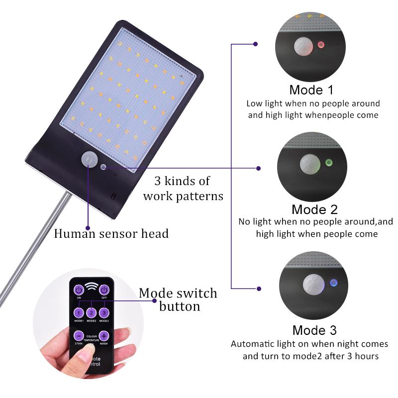 Luz de Rua Solar com Sensor de Movimento PIR 48 LEDs 3 Modos Dimerizável Lâmpada de Parede Solar para Exterior à Prova d'Água Caminho do Quintal Casa Jardim