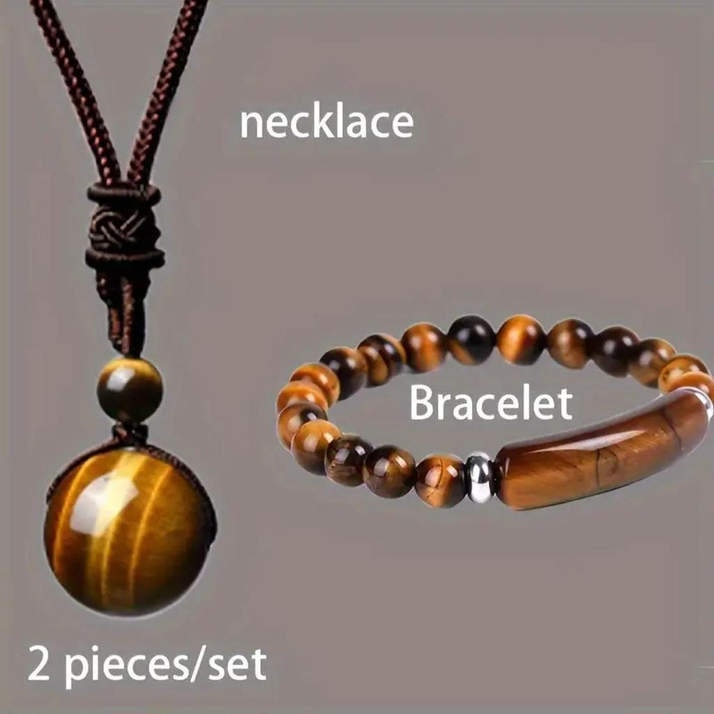 Tiger's Eye & Obsidian Rainbow Pendant Necklace - Modern Simple Design, 16mm Bead