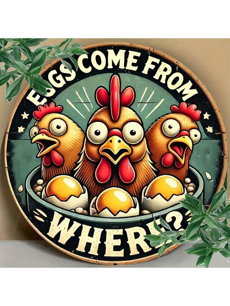 Vintage Round Metal Chicken Sign Wall Art Retro Kitchen Decor