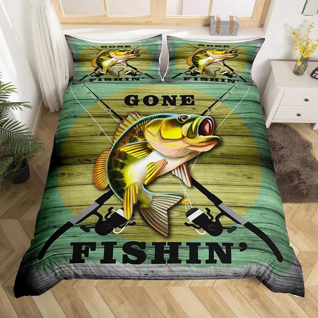 Pike Fish Bedding Striped Bass Big Pattern Hunting and Fishing Themed Duvet Cover for Kids Boys BedRoom Decorations for Teens