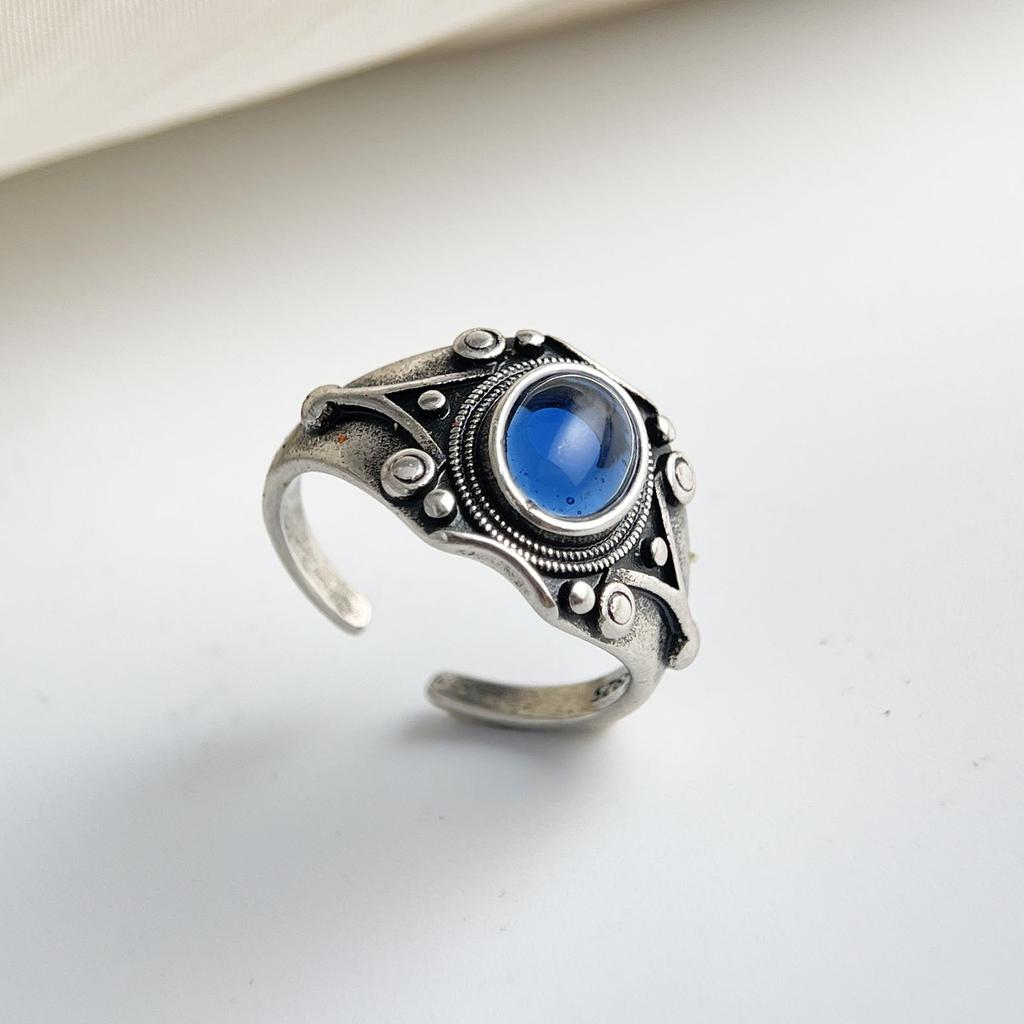 925 Sterling Silver Rings for Women Couple Minimalist Handmade Simple Retro Blue Stone Ring Fine Jewelry Gift Prevent Allergy