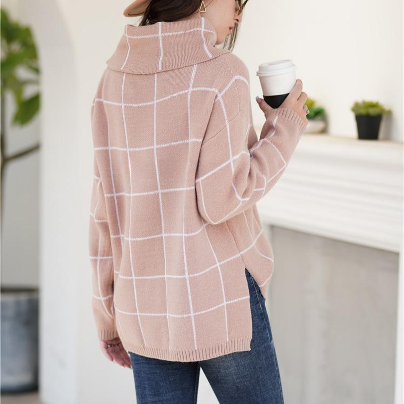 IHUASU Women's Autumn and Winter High Neck Pullover Loose Commuter Knit Sweater Plaid Fashion Jumper