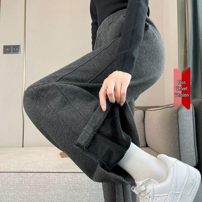 2026 Autumn/Winter Women's High-Waisted Herringbone Wide-Leg Pants with Plus Velvet and Slit, Slim Straight-Leg Design