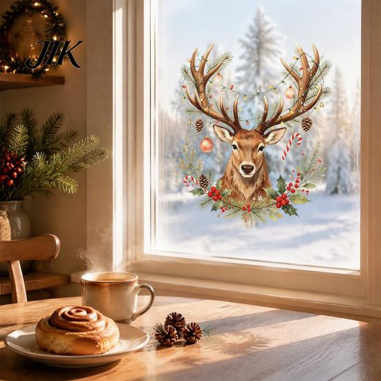 Glass Decoration Sticker Christmas Watercolor Reindeer Window Cling, Removable Reusable Elk Head Static Decorative Decals Decal, Animal for