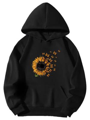 2025 Autumn/Winter Women's Sunflower and Butterfly Pattern Hoodie Casual Street Style Pullover Graphic Women Clothing Fashion