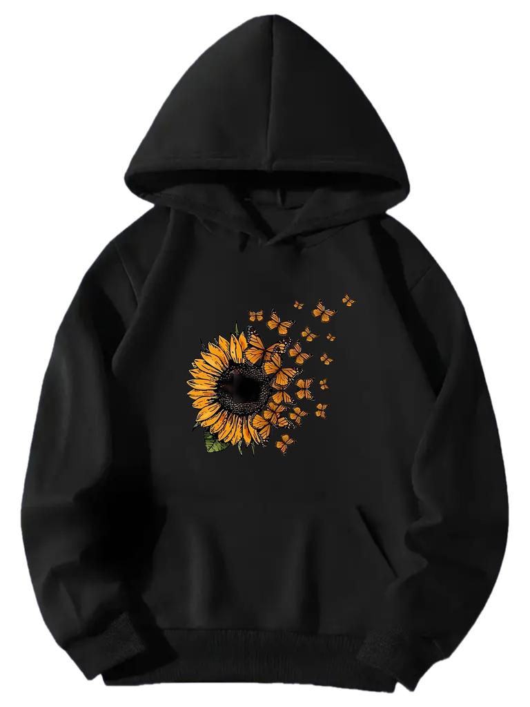 2025 Autumn/Winter Women's Sunflower and Butterfly Pattern Hoodie Casual Street Style Pullover Graphic Women Clothing Fashion