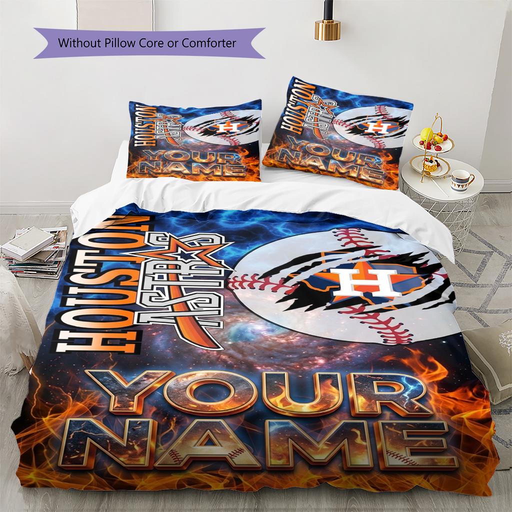 Name Custom Houston Astros Logo Pattern Bedding Set Quilt Cover Pillowcase Home Decor Gift (1 * duvet cover + 2 * pillowcase, without core)