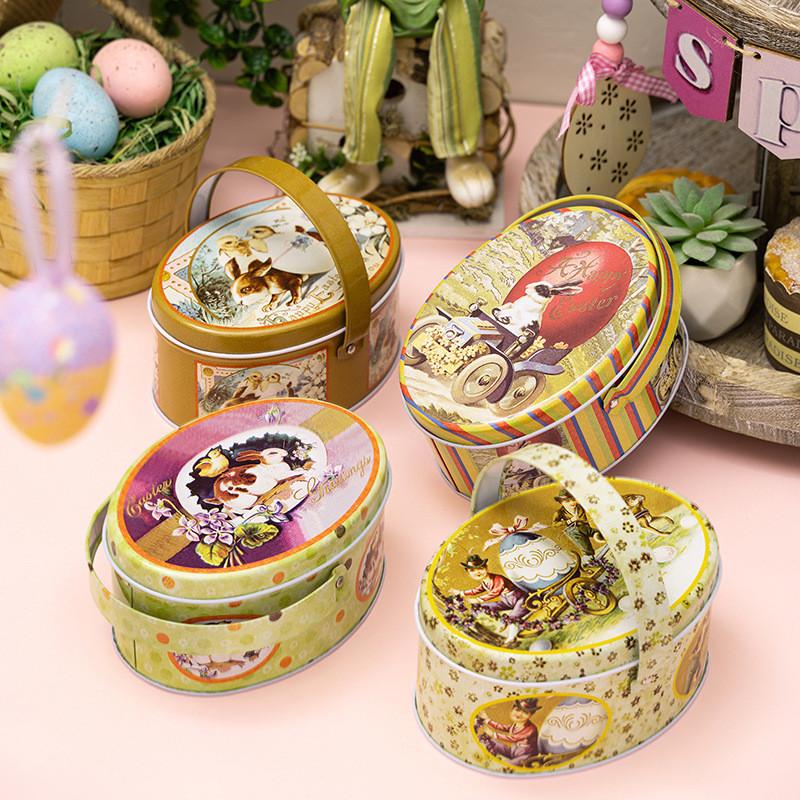 Oval Whimsical Easter Handheld Iron Box With Cheerful Rabbit And Egg Pattern Ideal For Childrens Gifts