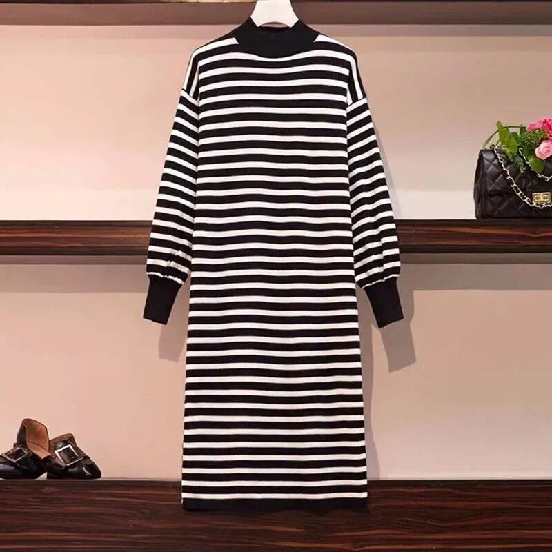 Rolák Pletené šaty Pruhované Dámské Svetr Dlouhý rukáv Volný Rozdělený Spodní Šaty Dojíždění Harajuku Podzim Zima