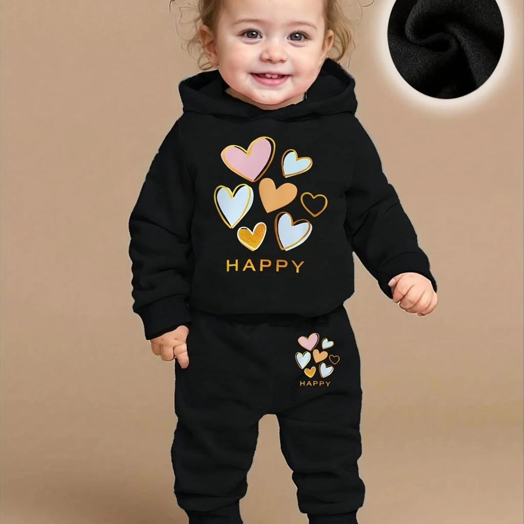 Spring Autumn Infant Toddler Girl's Hooded Long Sleeve Fleece Sweatshirt with Heart Letter Print And Casual Pants Two-Piece Set