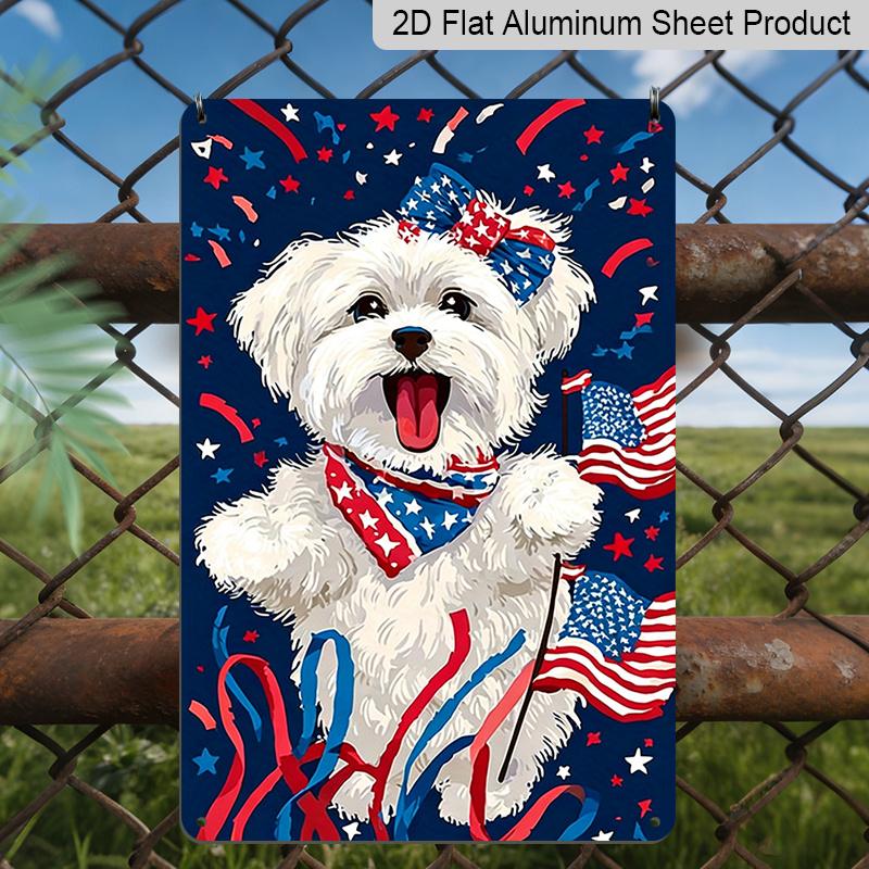 

2D Flat 1pc Independence Day Beautiful Garden Metal Sign Featuring A Charming White Curly-haired Puppy, Aluminum Material, Perfect for Outdoor 20*30cm