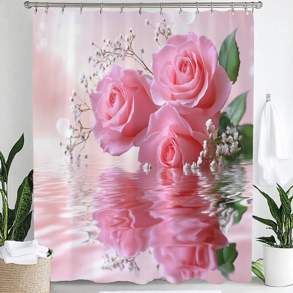 Rosebud Shower Curtain, Floral Plants, Spring Bathroom Decorative Shower Curtain, Waterproof Shower Curtain With Hooks