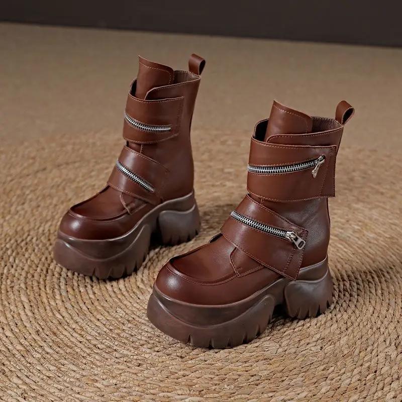 Fashion 10cm New Microfiber Genuine Leather Platform Motorcycle Ankle Knee High Booties Shoes Sneakers Chunky Platform Women Women