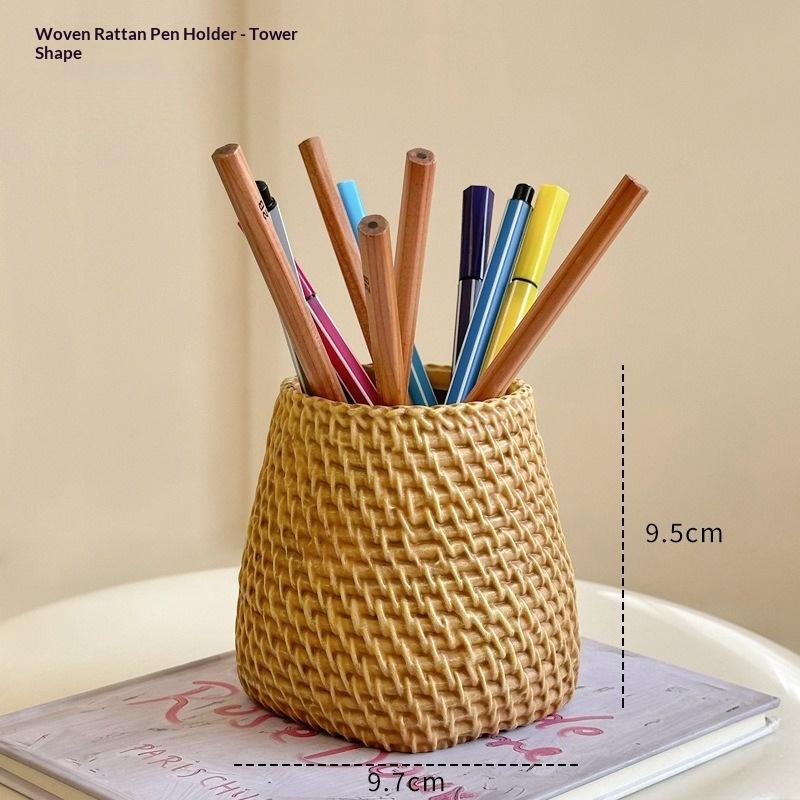 New Rattan-style Round Pen Holder, Flower Arrangement Bucket, Multi-functional Storage Basket, Makeup Brush Storage Tube Box