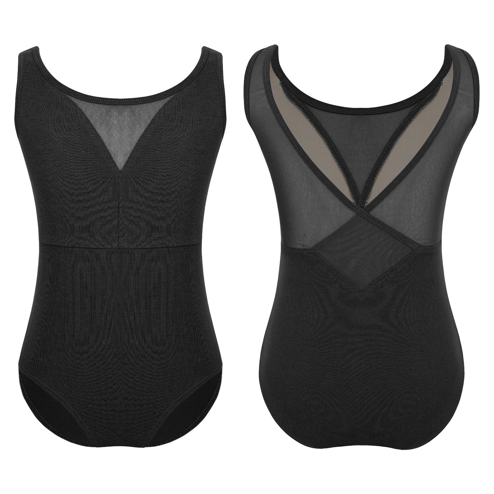 Yunduantong-home Kinderen Meisjes Patchwork V-Rug Gymnastiek Leotard Dans Kleding Ballerina Danskleding Ballet Dans Training Prestatie Kostuum 15-16 Years zwart