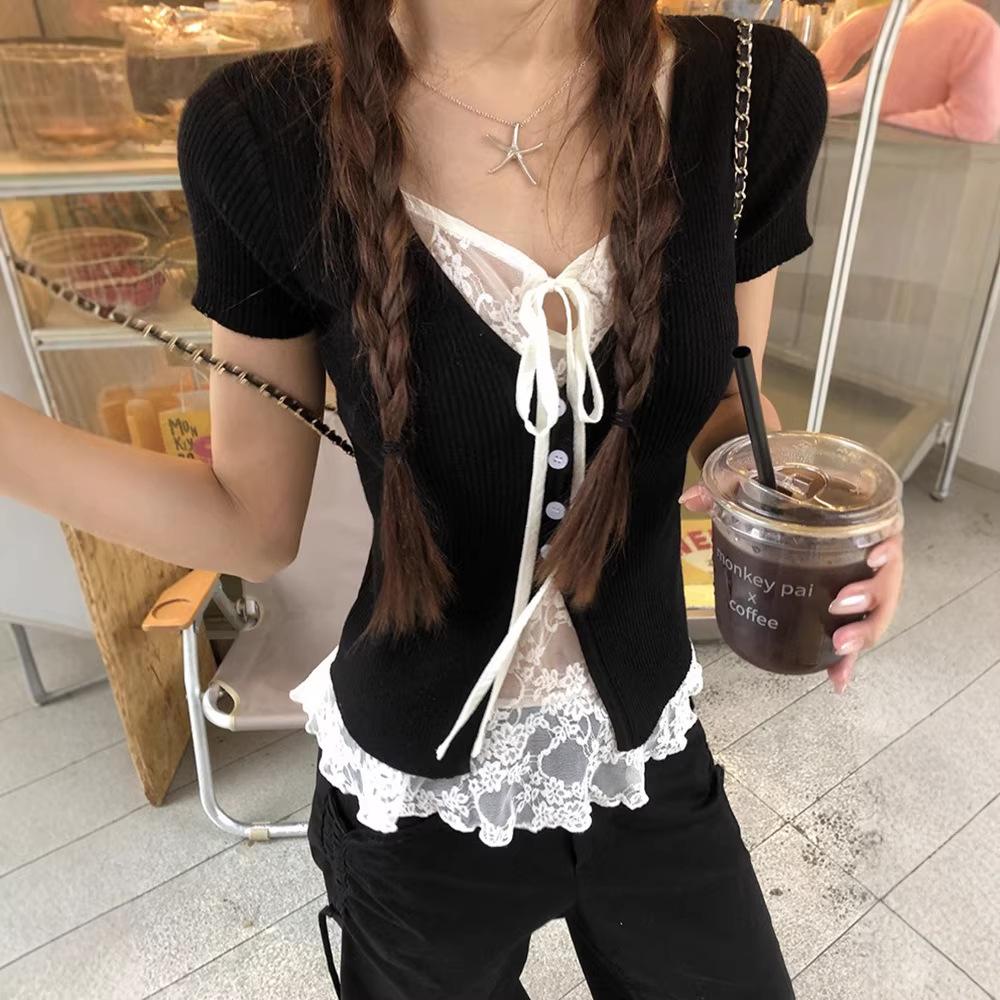 Pure desire wind short-sleeved t-shirt women's summer ootd wear new black lace design beautiful small top
