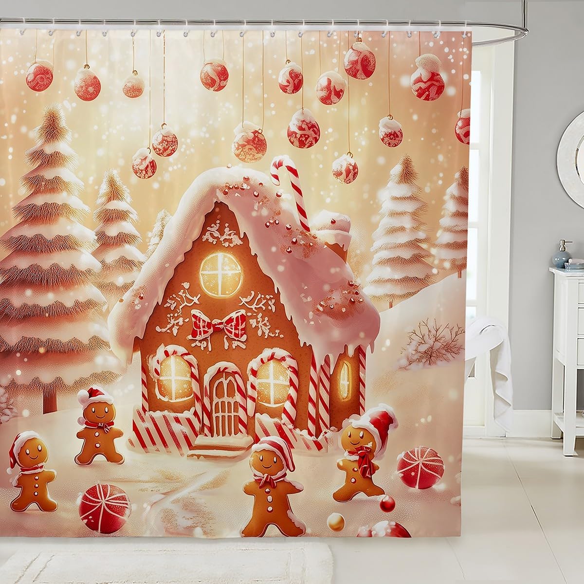 

Cute Gingerbread House Christmas Shower Curtain With Xmas Tree Decorations,Festive Bathroom Accessories For Holiday Home Styling W60H190(CM)-1 Pcs