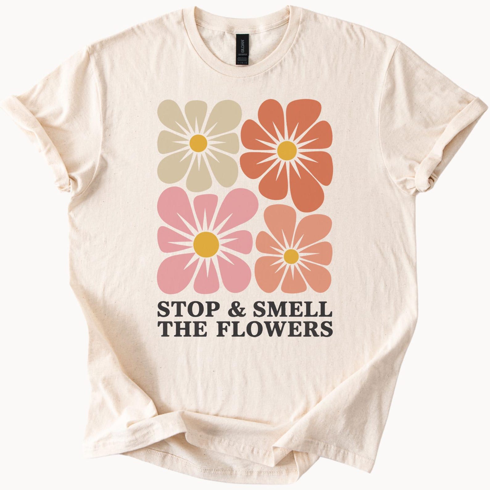 Stop and Smell the Flowers Graphic T Shirt Retro Floral Daisy Print Positive Quote Shirt Cute Nature Lover Gift Aesthetic Tee 110