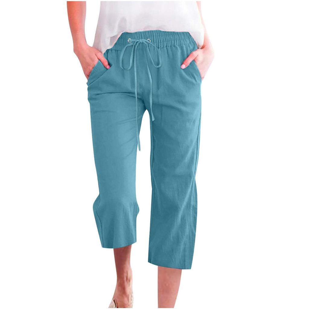 Frauen Hosen Jogginghose Einfarbig Gerade Weiche Elastische Taille Kordelzug Hosen Mitte der wade Länge Geerntete Hosen