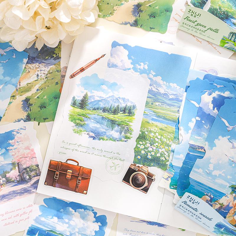Wind Chasing Series: 30 Sheets White Kraft Paper for Landscape-Themed Collage and Decoration