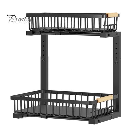 Under-Cabinet Storage Rack with Dual Sliding Trays Adjustable Height Metal Slide-Out Bathroom Kitchen Sink Organizer with Handle