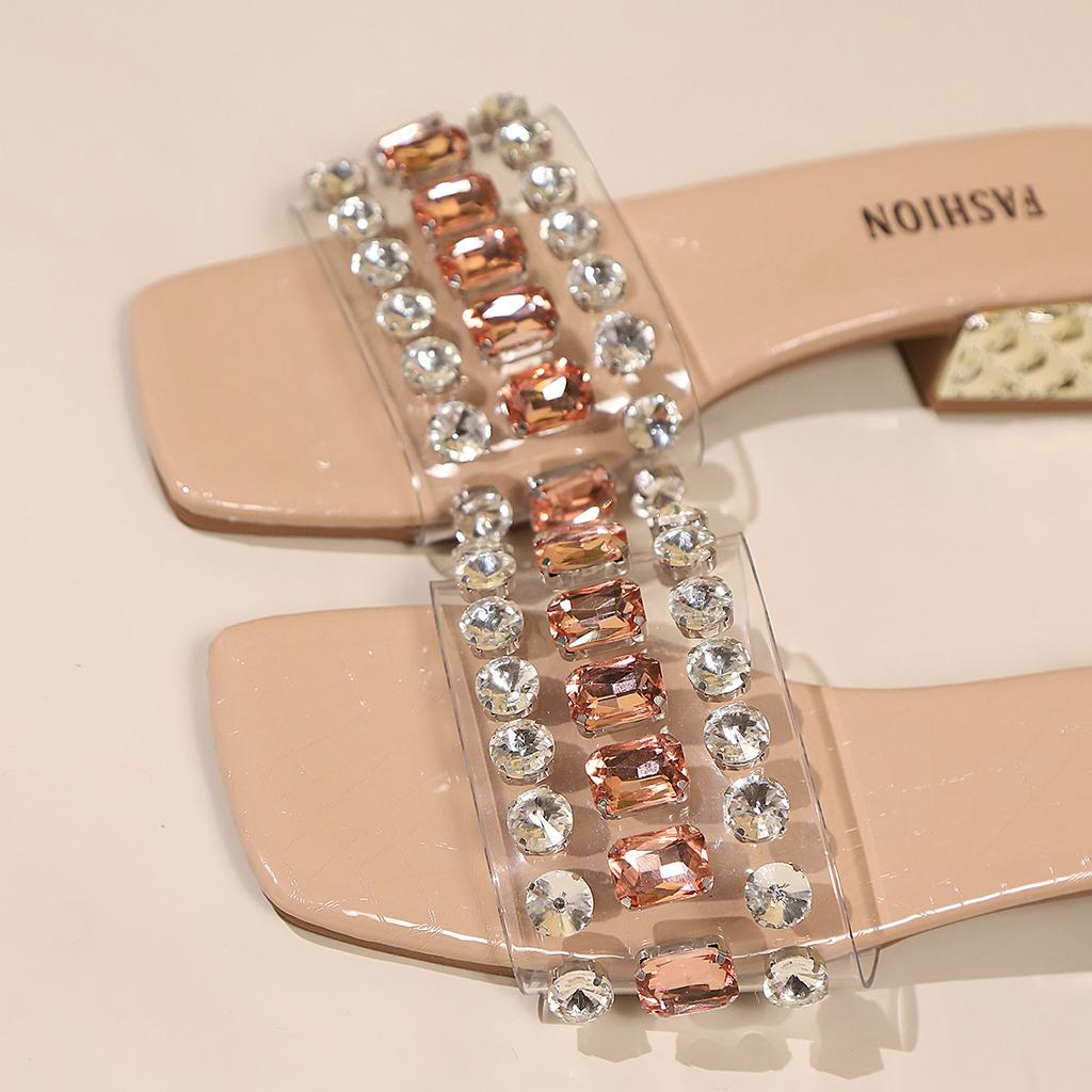 Fashion Summer Glitter Rhinestone Slides Women Slippers Outdoor Heeled Mules Low Heeled Sandals Fashion Women Shoes Chaussures Femme