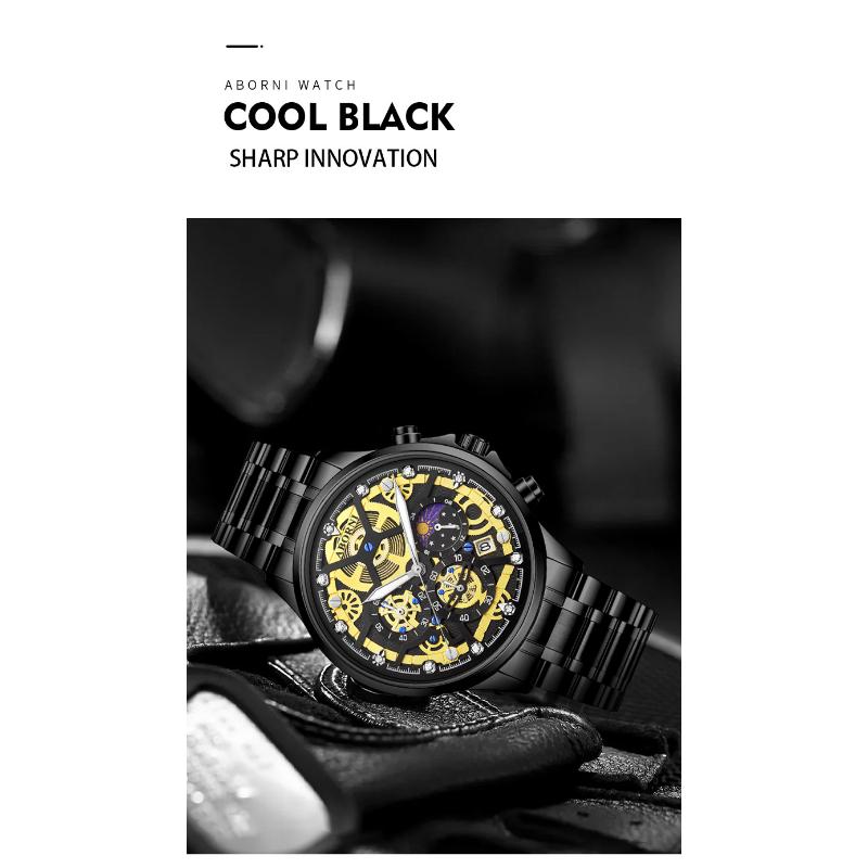 ABORNI Brand Fashion Moon Phase Quartz Watch for Men Luxury Chronograph Watches Mens Stainless Steel Waterproof Luminous Watches