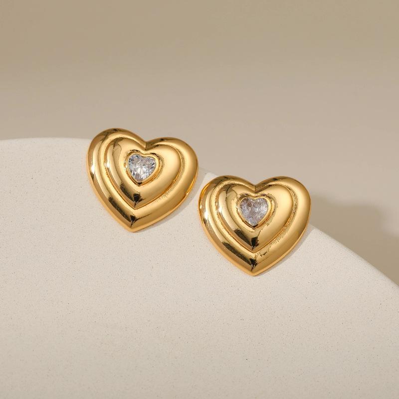 Vintage Solid Love Heart Zircon Inlaid 18k Gold Plated Brass Stud Earrings