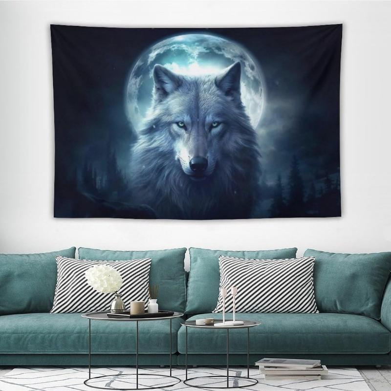 Mystic Wolf & Moon Tapestry,Night Forest with Glowing Full Moon & Gray Wolf Print,Wall Hanging for Dark & Nature Aesthetic Decor
