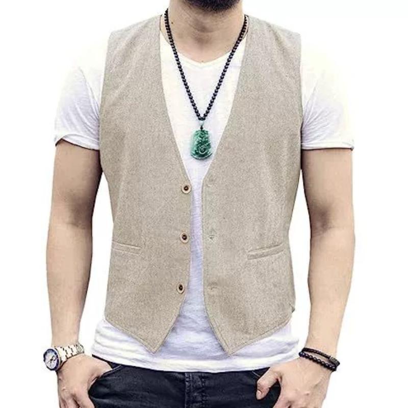 Leinen Herren Weste Hochzeit Bräutigam Unifarbene Weste Retro Vintage Bankett Gilet Herren Weste Anzug