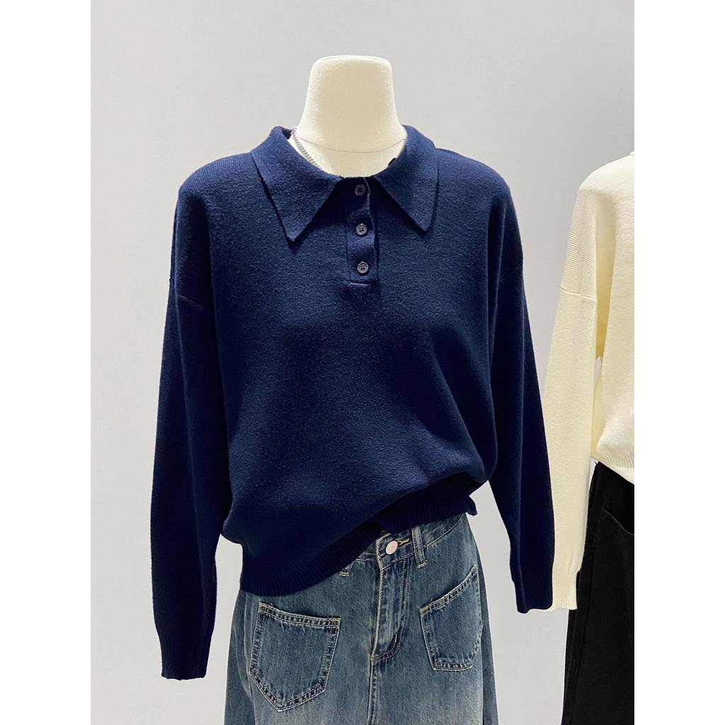 Japanese polo lapel knitted sweater women's autumn and winter casual simple inner long-sleeved front shoulder versatile bottoming shirt top