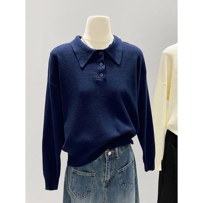 Button Polo Lapel Knitted Sweater Autumn and Winter Long-sleeved Front Shoulder Sweater Women's Soft Waxy Casual Basic Top