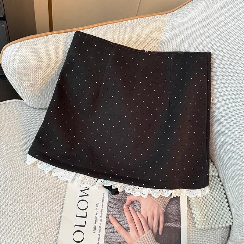 Women's High Waist A-Line Mini Skirt Polka Dot Lace Patchwork Pencil Blazer Skirt