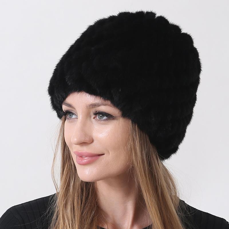 Chapéus de pele de vison natural para mulheres gorro de abacaxi tricotado elástico clássico feminino chapéus quentes de inverno