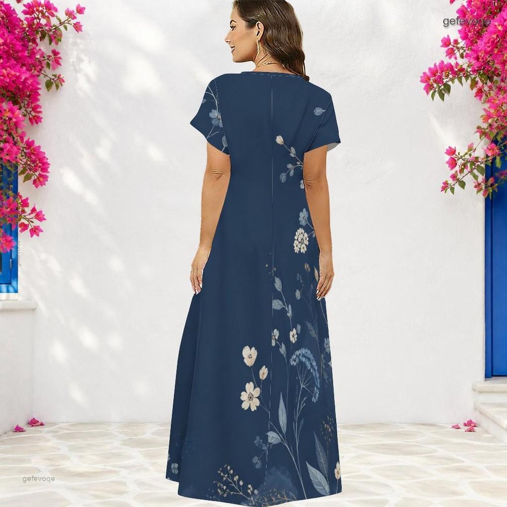 Women Plus Size V Neck Short Sleeve Floral Printed Dark Blue Straight Maxi Dress