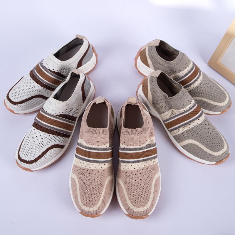 Fashion Women's Fly-knit Color-blocked Sneakers, Lightweight, Breathable, Casual Fitness Air-cushion Running Shoes, Men's Couple Shoes