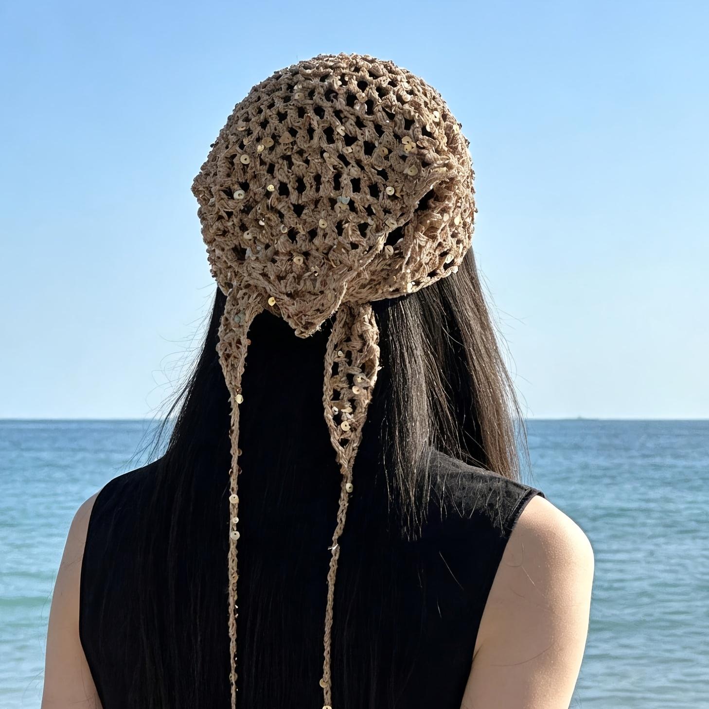 

French Retro Crochet Bandana Sequin Knit Triangle Scarf Sweet Hair Wrap Head Kerchief Fashion Headband for Women 1 piece pack хаки