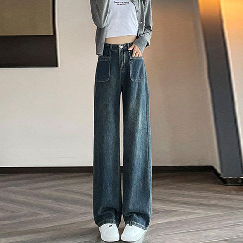 Women s High-Waisted Retro Wide-Leg Jeans - Blue, Autumn Floor-Length Pants 2XL
