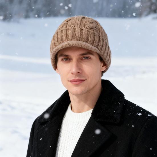 Short Brim Knitted Hat for Men Winter Warm Fleece Lined Thick Cable Knit Cuff