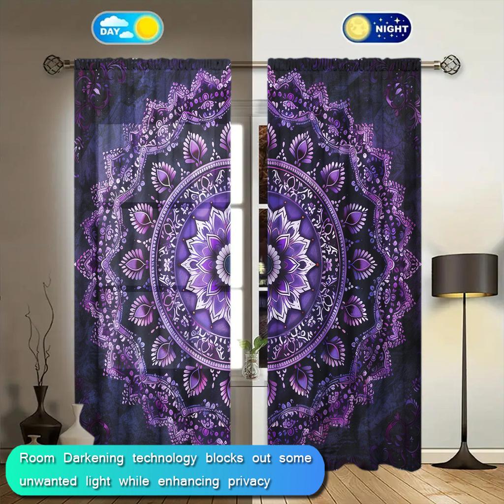 2pcs Purple Black Mandala Printed Curtain for Home Decor - Rod Pocket Window Treatment for Bedroom   Office and Kitchen