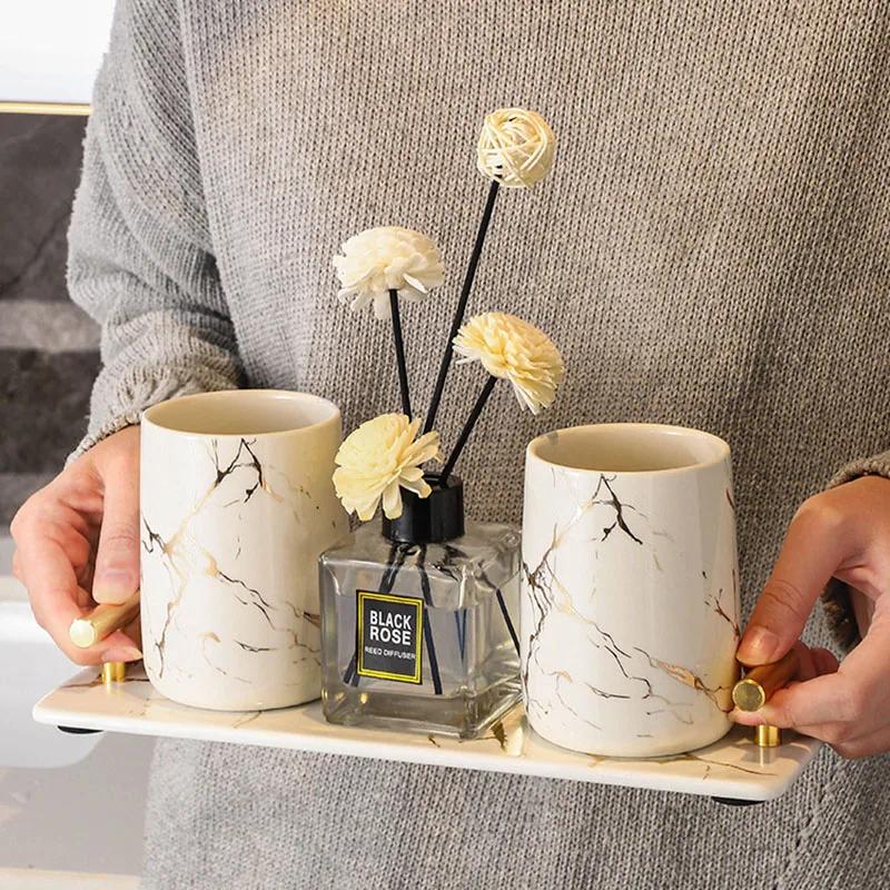 Creative Marble Texture Ceramic Toothbrush Cup Bathroom Accessories Set Soap Bottle Toothbrush Holder Soap Dish Household Tray