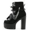 Gdgydh Gothic Vintage Spitzen-Stiefeletten für Damen, Blumenmuster, klobiger Absatz, Plateaustiefel mit Kette, Kleid, Outdoor